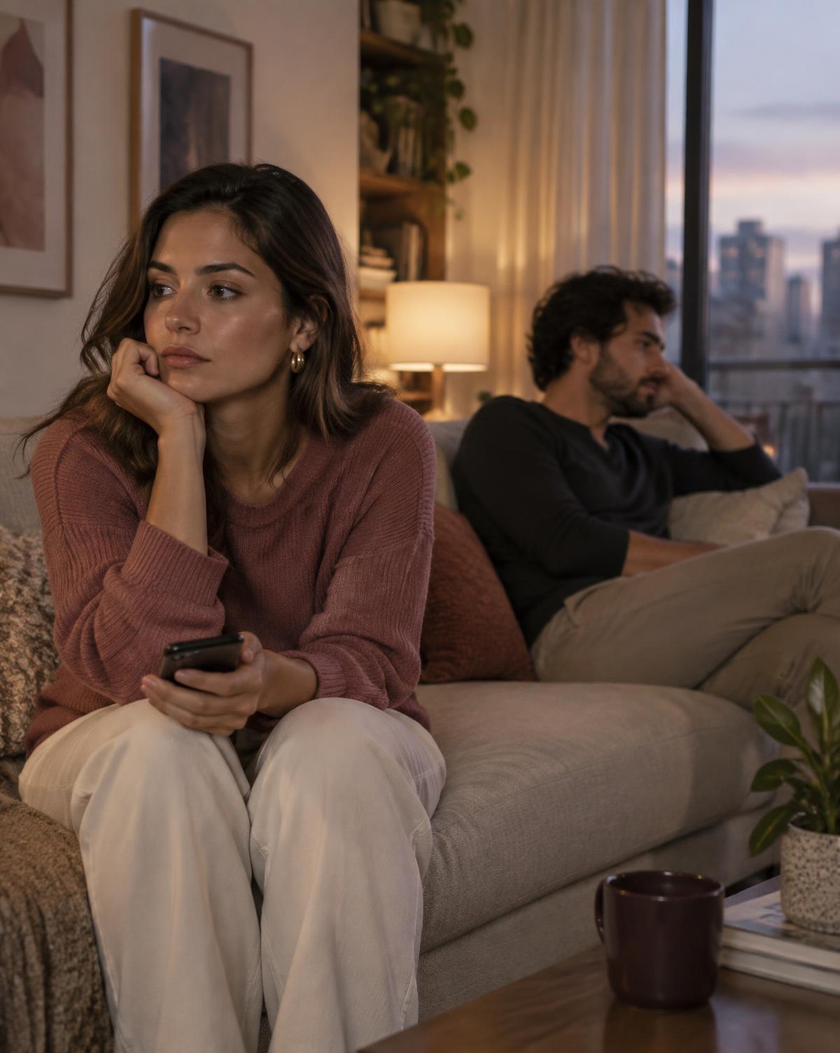 Casal emocionalmente distante sentado no mesmo sofá